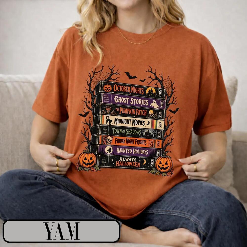 Retro Vhs Halloween Movie Night Tee Spooky Season Graphic Shirt (S)